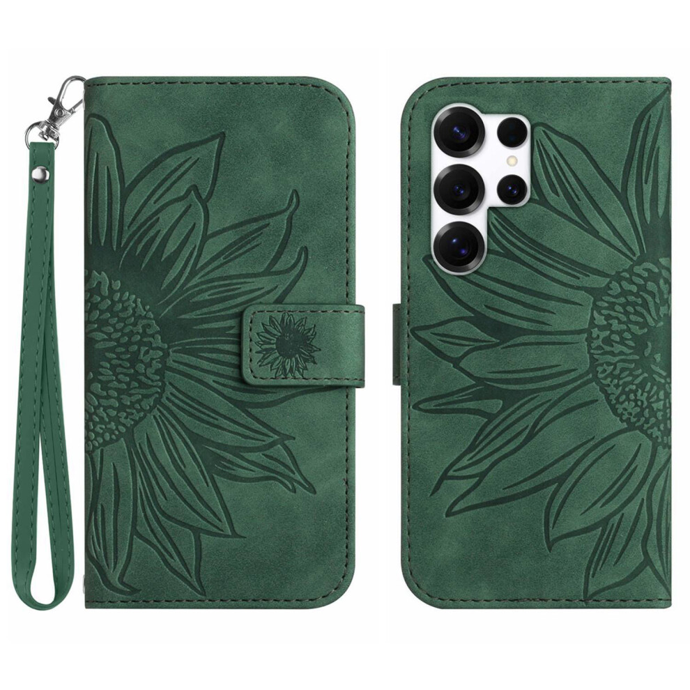 (Dark ) For Samsung Galaxy S26 Ultra Case Sunflower Imprint Leather Wallet Phone Cover With Wrist Strap Green 6914292477362