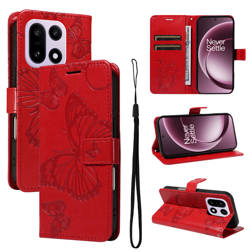 (Red) For Oneplus 15 5G Wallet Case Floral Butterfly Imprinted Leather Phone Cover Stand Red 6914297425801