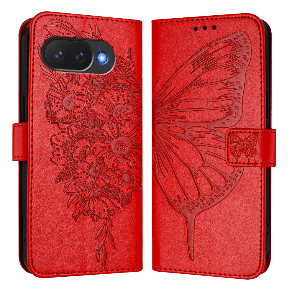 (Red) For Google Pixel 10A Wallet Case With Wrist Strap Butterfly Imprint Leather Phone Cover Red 6914297719740