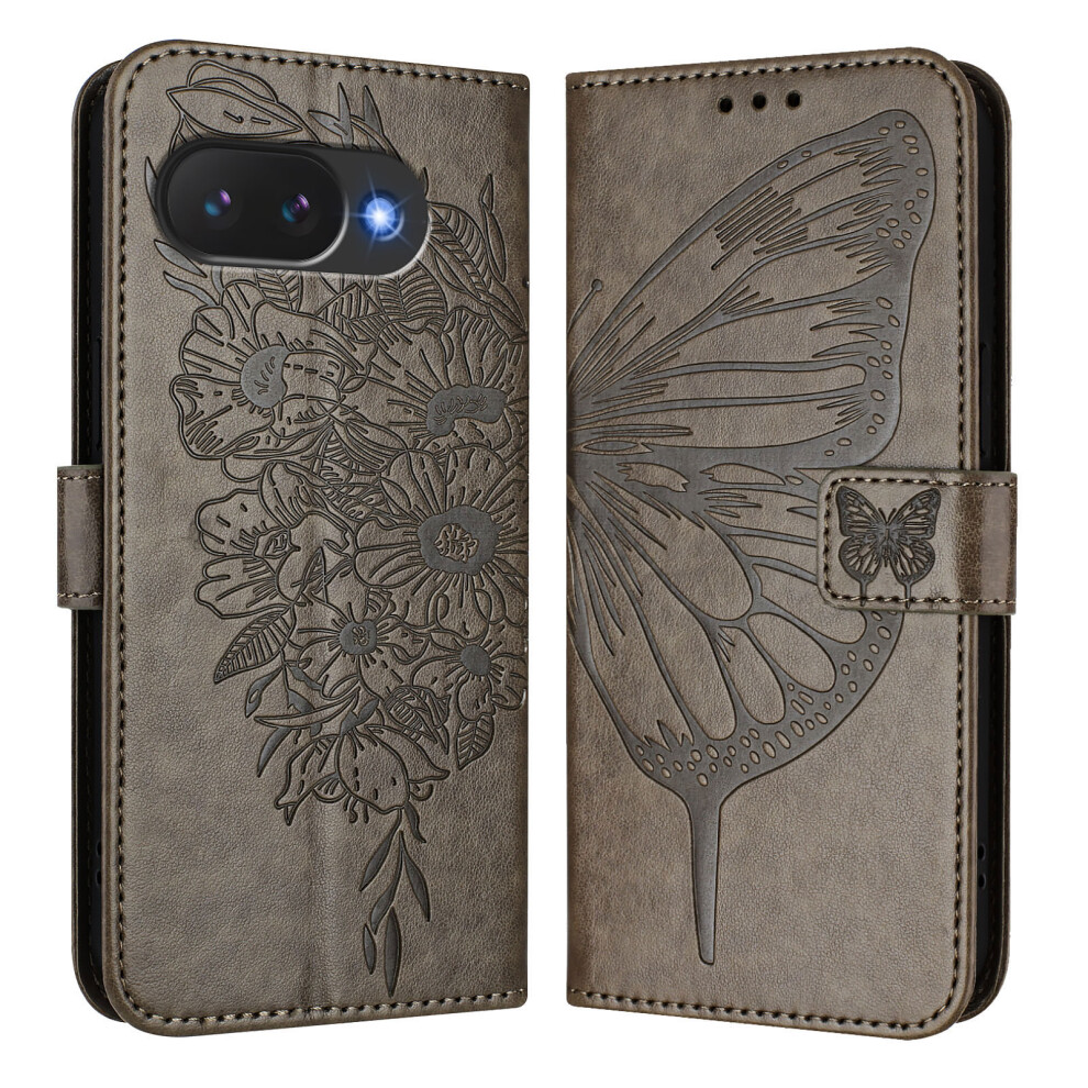 (Grey) For Google Pixel 10A Wallet Case With Wrist Strap Butterfly Imprint Leather Phone Cover Grey 6914294601796