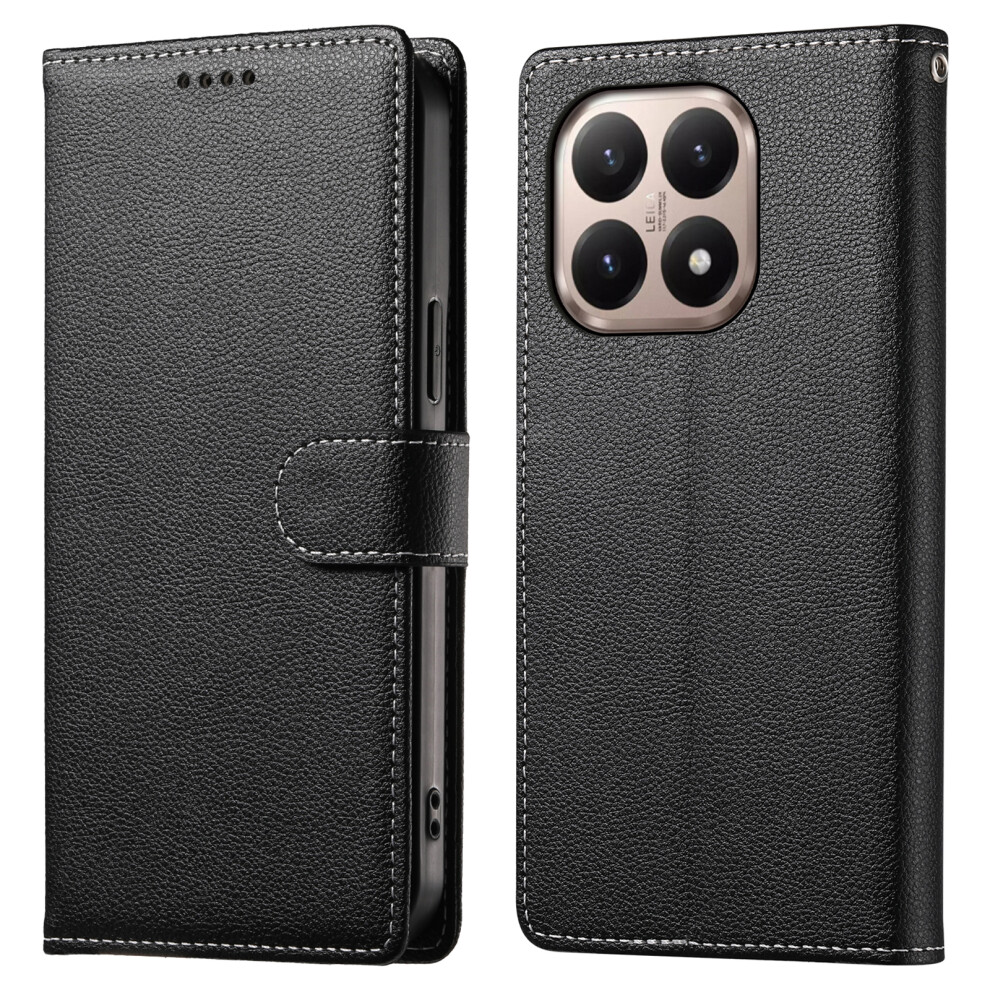 (Black) For Xiaomi 15T Case Magnetic Snap Litchi Texture Leather Wallet Phone Cover With Wrist Strap Black 6914295450287