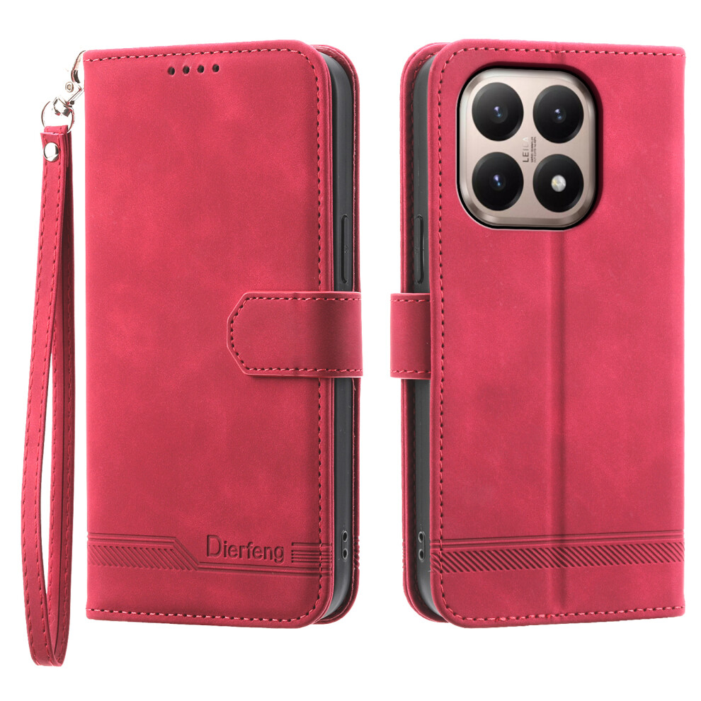 (Red) Dierfeng Df-03 For Xiaomi 15T Case Lines Imprint Wallet Leather Phone Cover With Wrist Strap Red 6914293194510