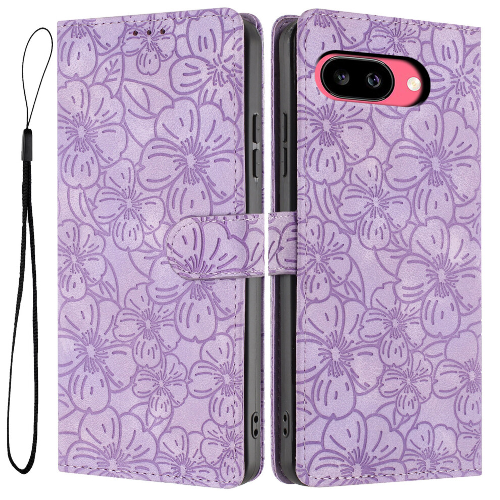 (Purple) For Google Pixel 10A Flip Case Cherry Blossom Pattern Leather Wallet Stand Phone Cover With Wrist Strap Red,Purple 6914291988852