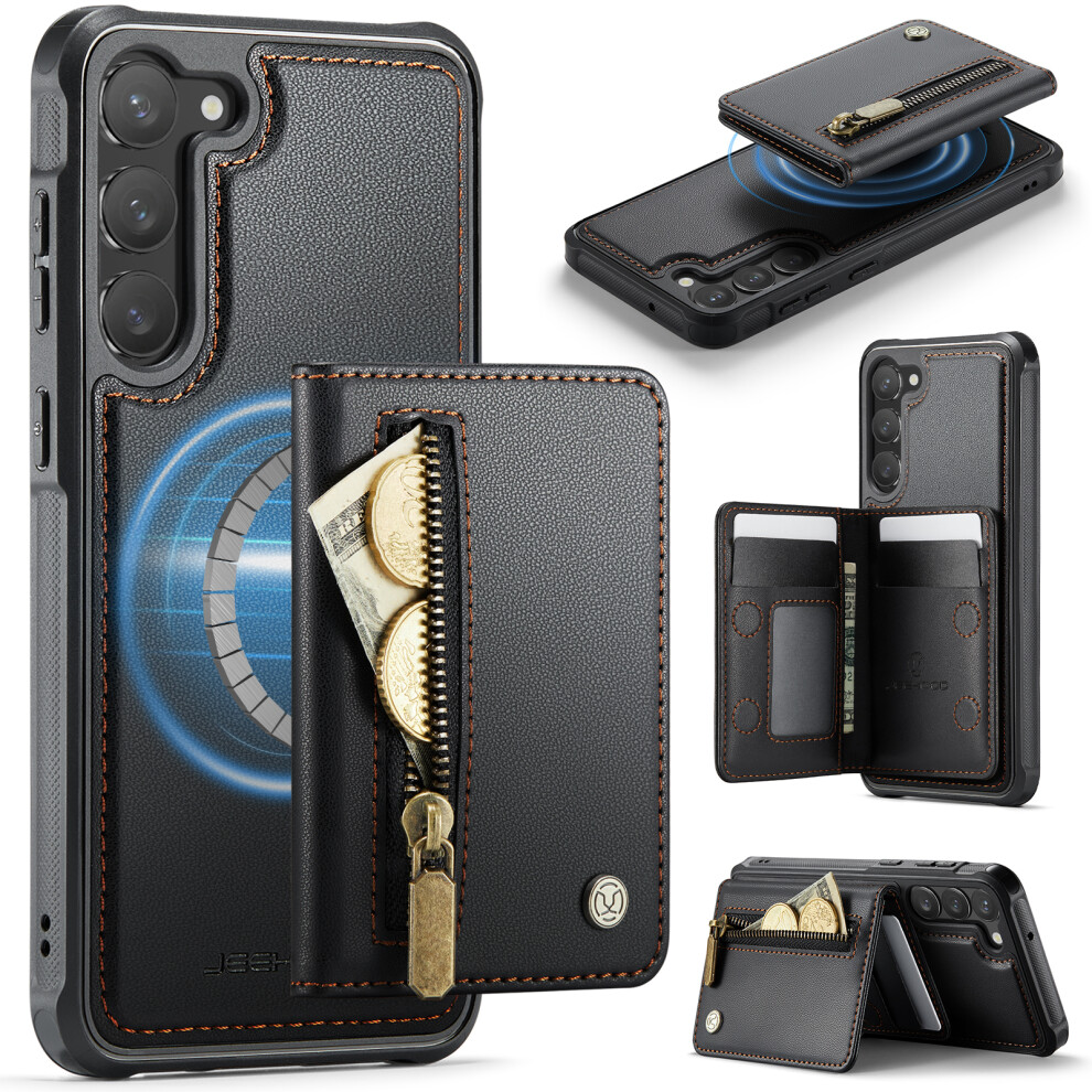 (Black) Jeehood For Samsung Galaxy S23 Case J12 Magnetic Detachable Zipper Wallet Kickstand Leather Back Cover Magnetic Case Black 6914292691713