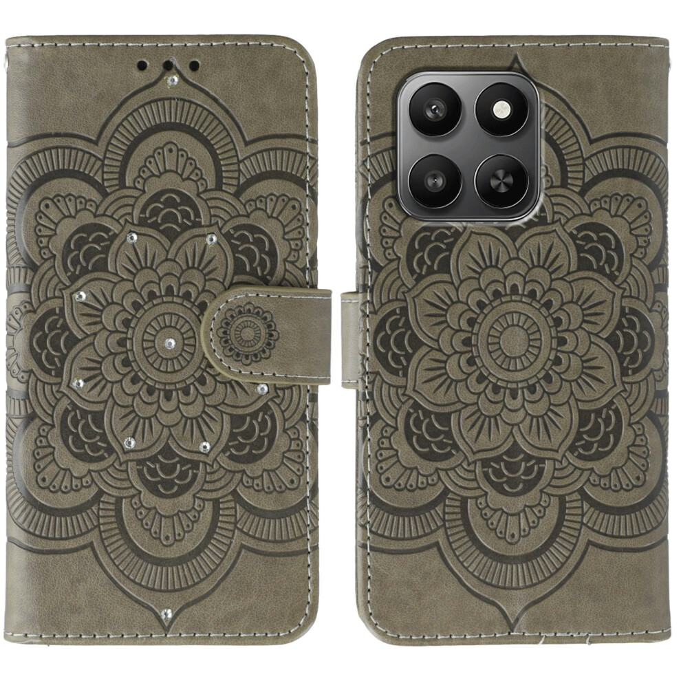 (Grey) Pu Leather Case For Honor 400 Smart 5G / X7d 4G / X7d 5G Rhinestone Decor Mandala Imprint Phone Cover With Wrist Str Grey 6914298394014