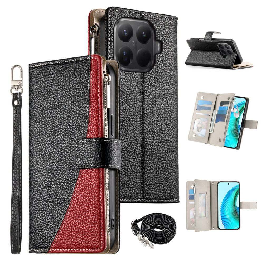 (Black) For Xiaomi 15T Pro Case Zipper Wallet Color Splicing Leather Flip Phone Cover With Straps Black 6914291324292