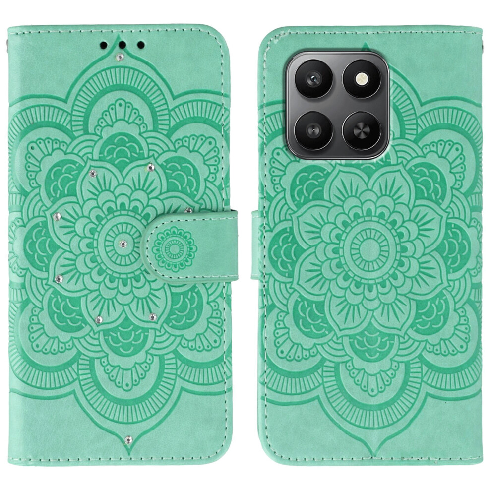 (Green) Pu Leather Case For Honor 400 Smart 5G / X7d 4G / X7d 5G Rhinestone Decor Mandala Imprint Phone Cover With Wrist Str Green 6914296598261