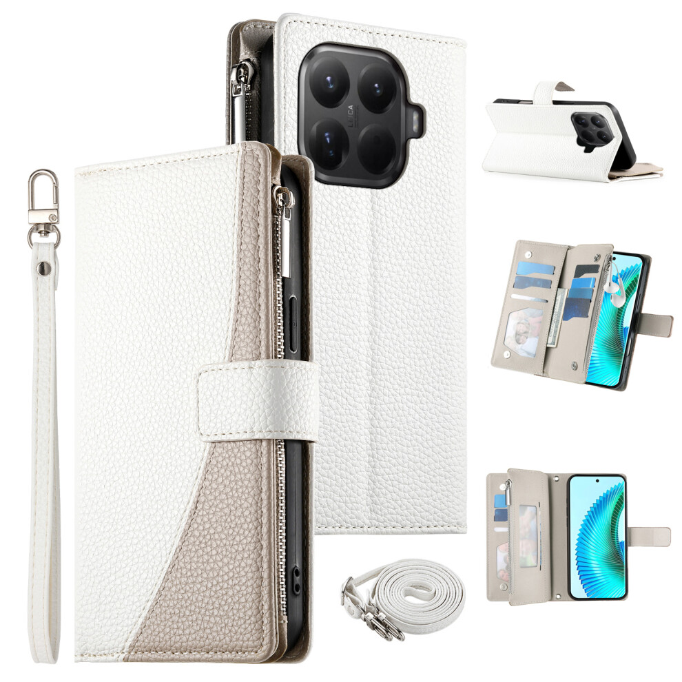 (White) For Xiaomi 15T Pro Case Zipper Wallet Color Splicing Leather Flip Phone Cover With Straps White 6914295788991
