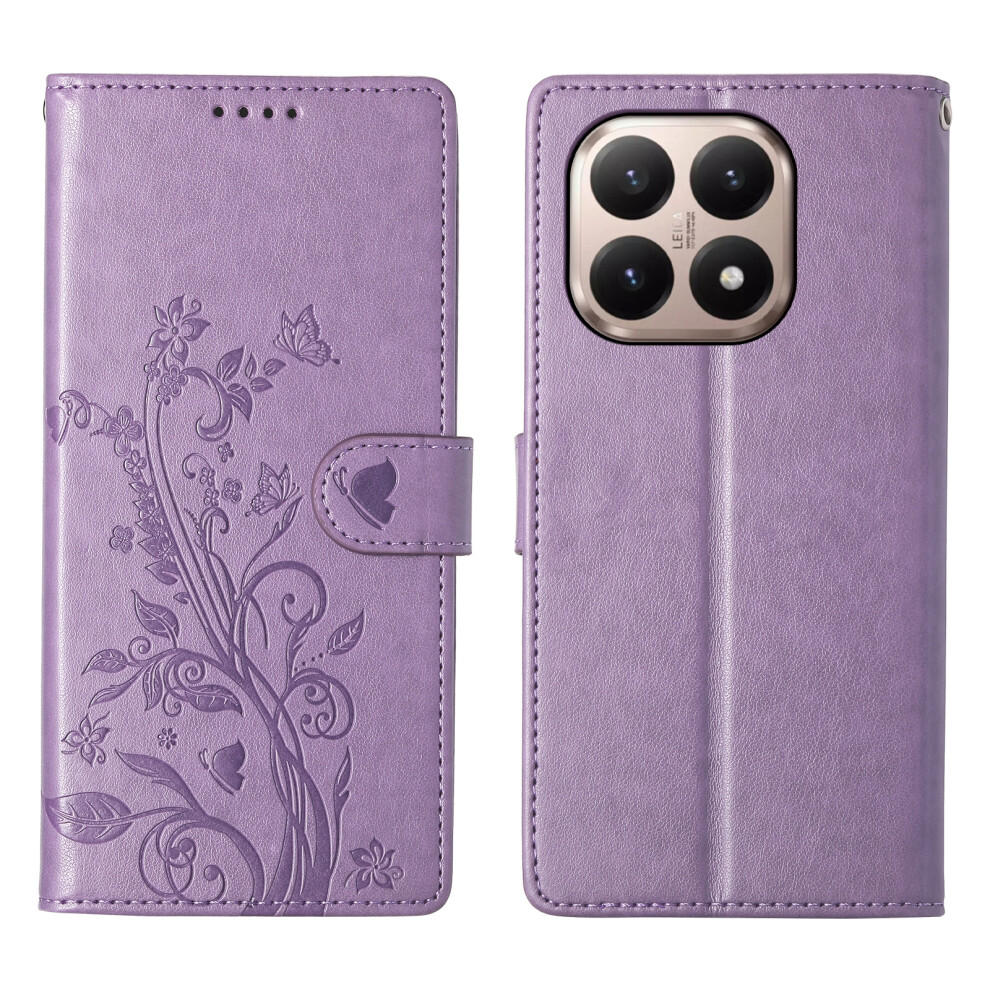 (Purple) For Xiaomi 15T Wallet Case Butterfly Floral Imprint Pu Leather Phone Cover With Wrist Strap Purple 6914296307788