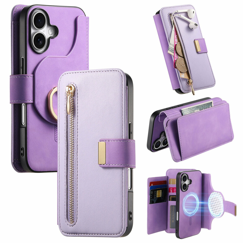 (Purple) For Iphone 17 Magnetic Leather Case With Detachable Rfid Blocking Zipper Wallet Cover Purple 6914296083873