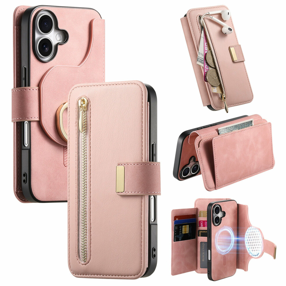 (Pink) For Iphone 17 Magnetic Leather Case With Detachable Rfid Blocking Zipper Wallet Cover Pink 6914297204635