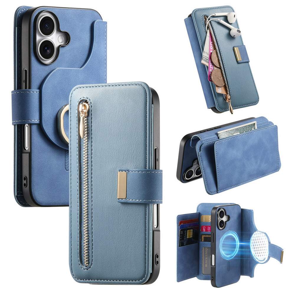(Blue) For Iphone 17 Magnetic Leather Case With Detachable Rfid Blocking Zipper Wallet Cover Blue 6914295188197