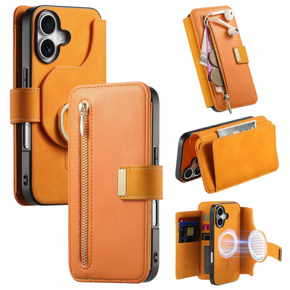 (Yellow) For Iphone 17 Magnetic Leather Case With Detachable Rfid Blocking Zipper Wallet Cover Yellow 6914291122720