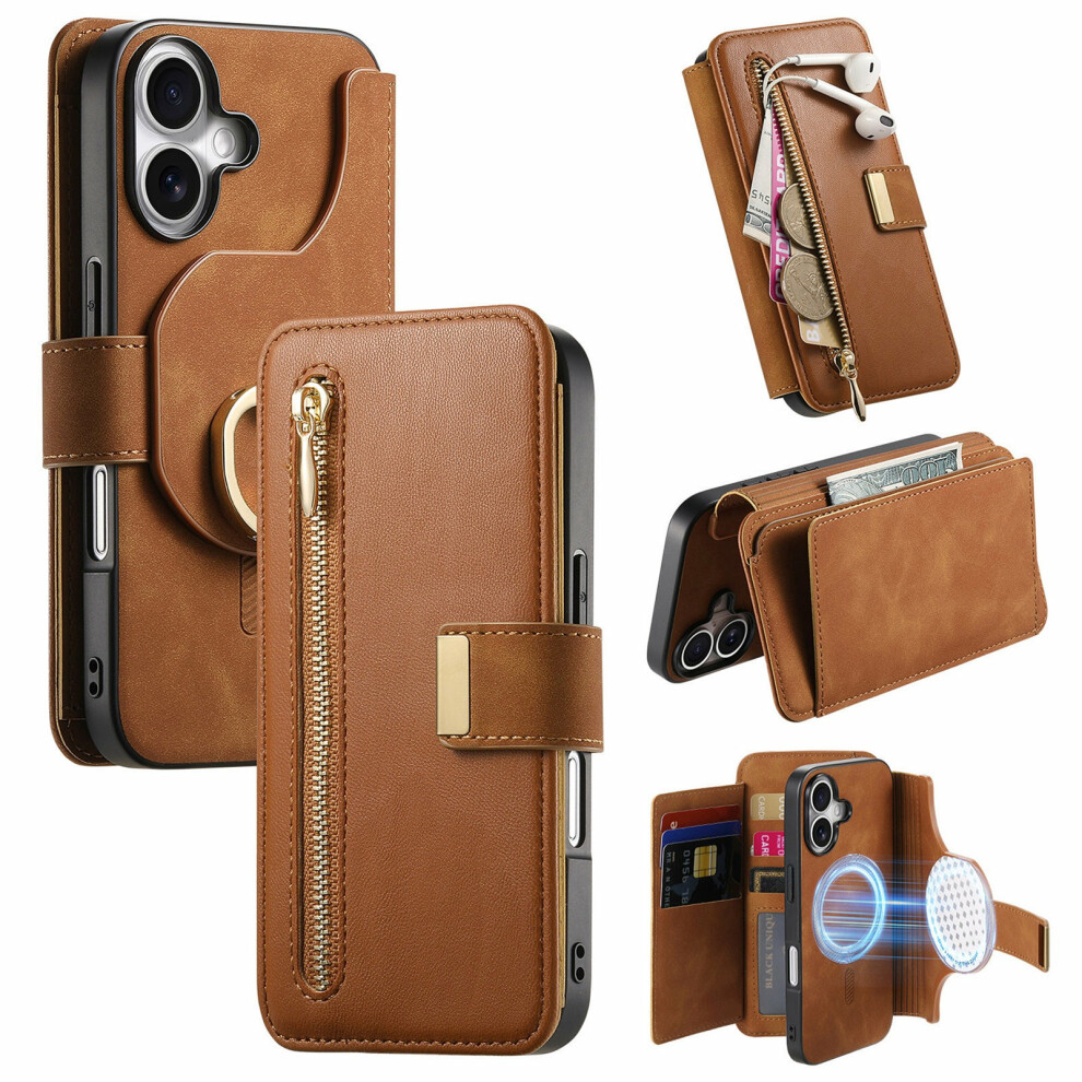 (Brown) For Iphone 17 Magnetic Leather Case With Detachable Rfid Blocking Zipper Wallet Cover Brown 6914294121423