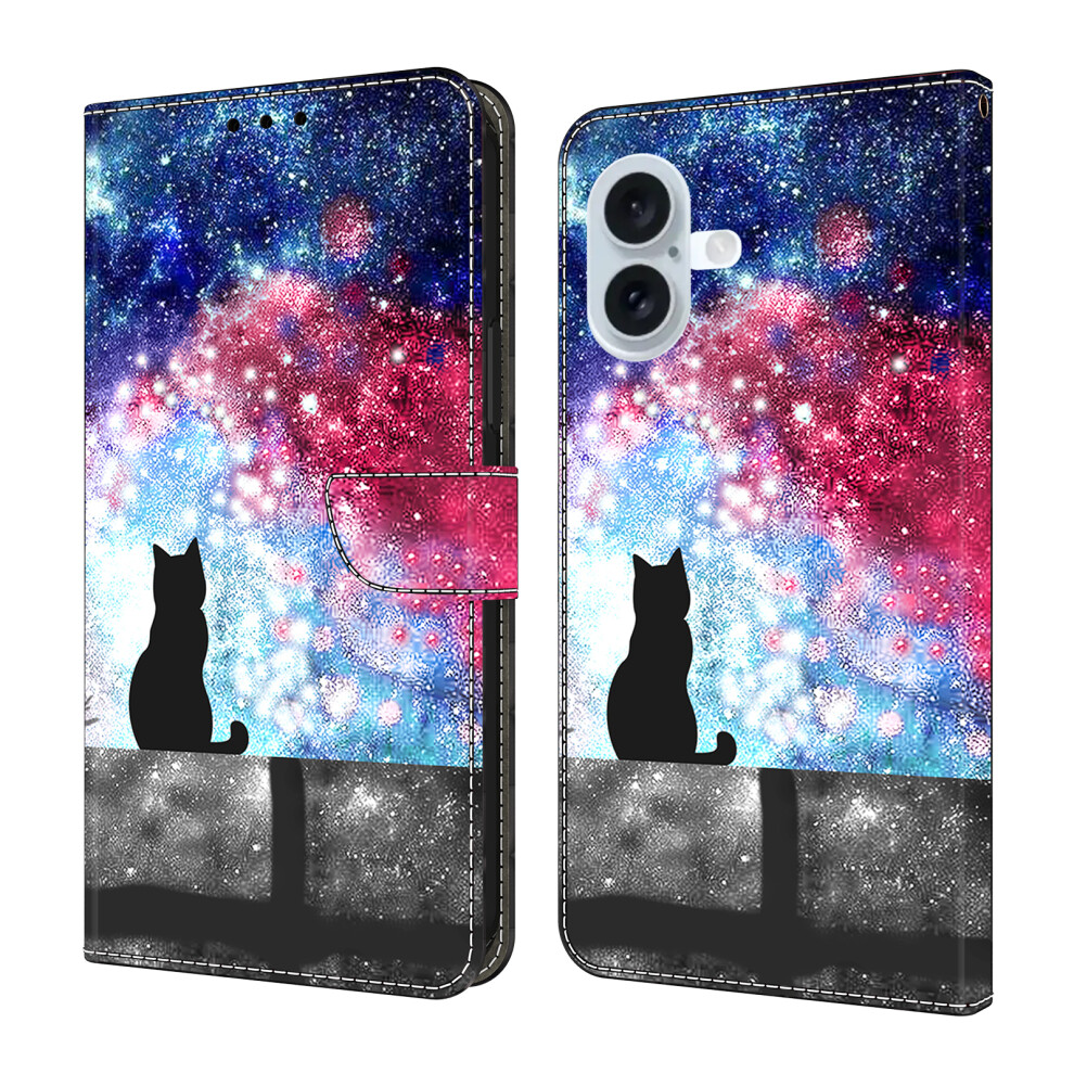 (Starry Sky Cat) For Iphone 17 Case Foldable Stand Wallet Pattern Printing Pu Leather Flip Phone Cover 6914299330356