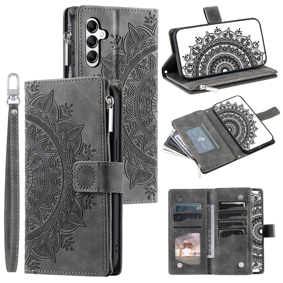 (Grey) For Samsung Galaxy S26+ Wallet Case Mandala Flower Pattern Pu Leather Phone Cover With Wrist Strap Grey 6914291146832