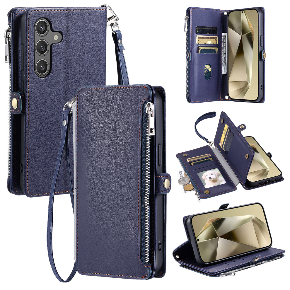 (Blue) For Samsung Galaxy S26+ Case Tpu + Pu Leather Wallet Phone Cover With Wrist Strap Blue 6914296920949