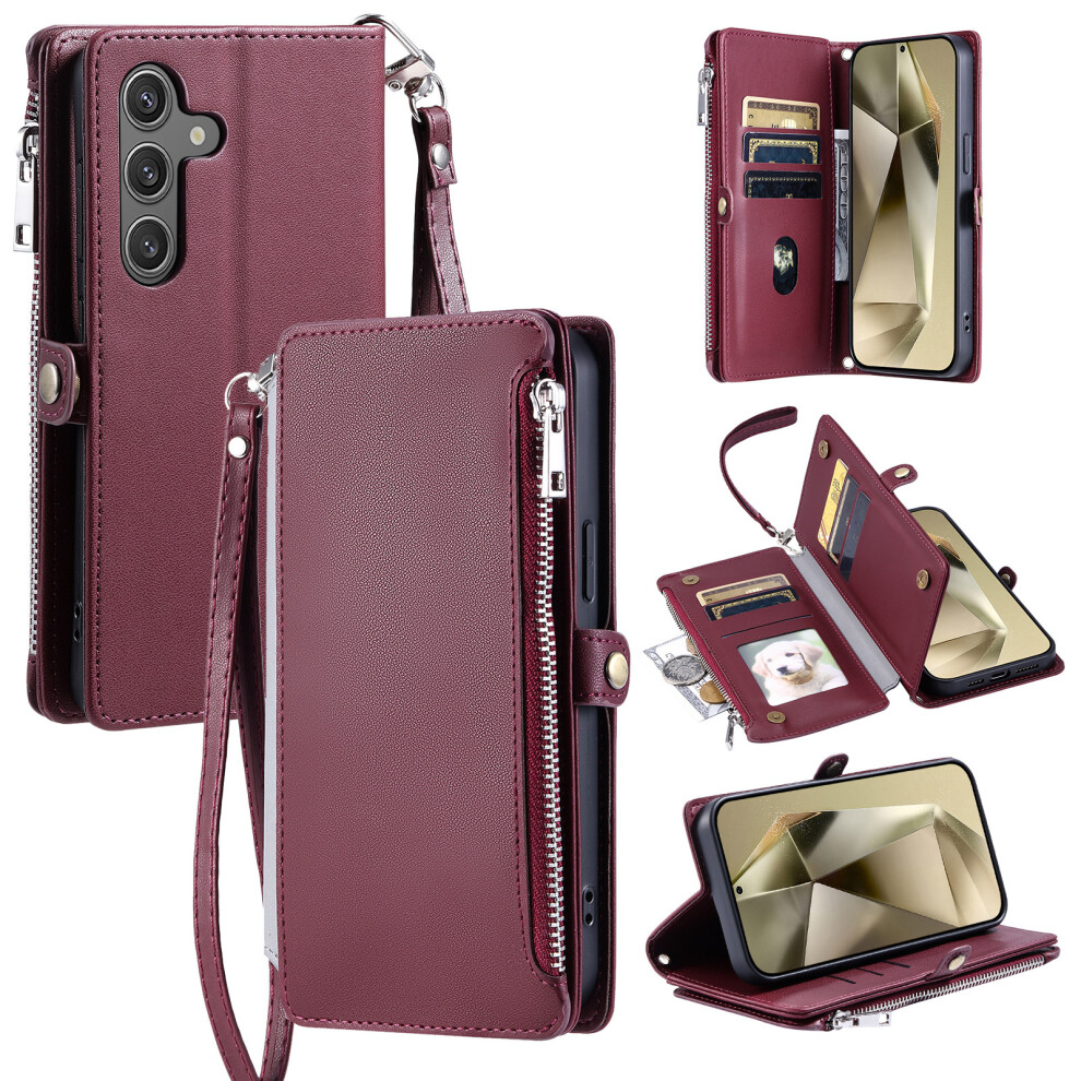 (Wine ) For Samsung Galaxy S26+ Case Tpu + Pu Leather Wallet Phone Cover With Wrist Strap Red 6914299889991