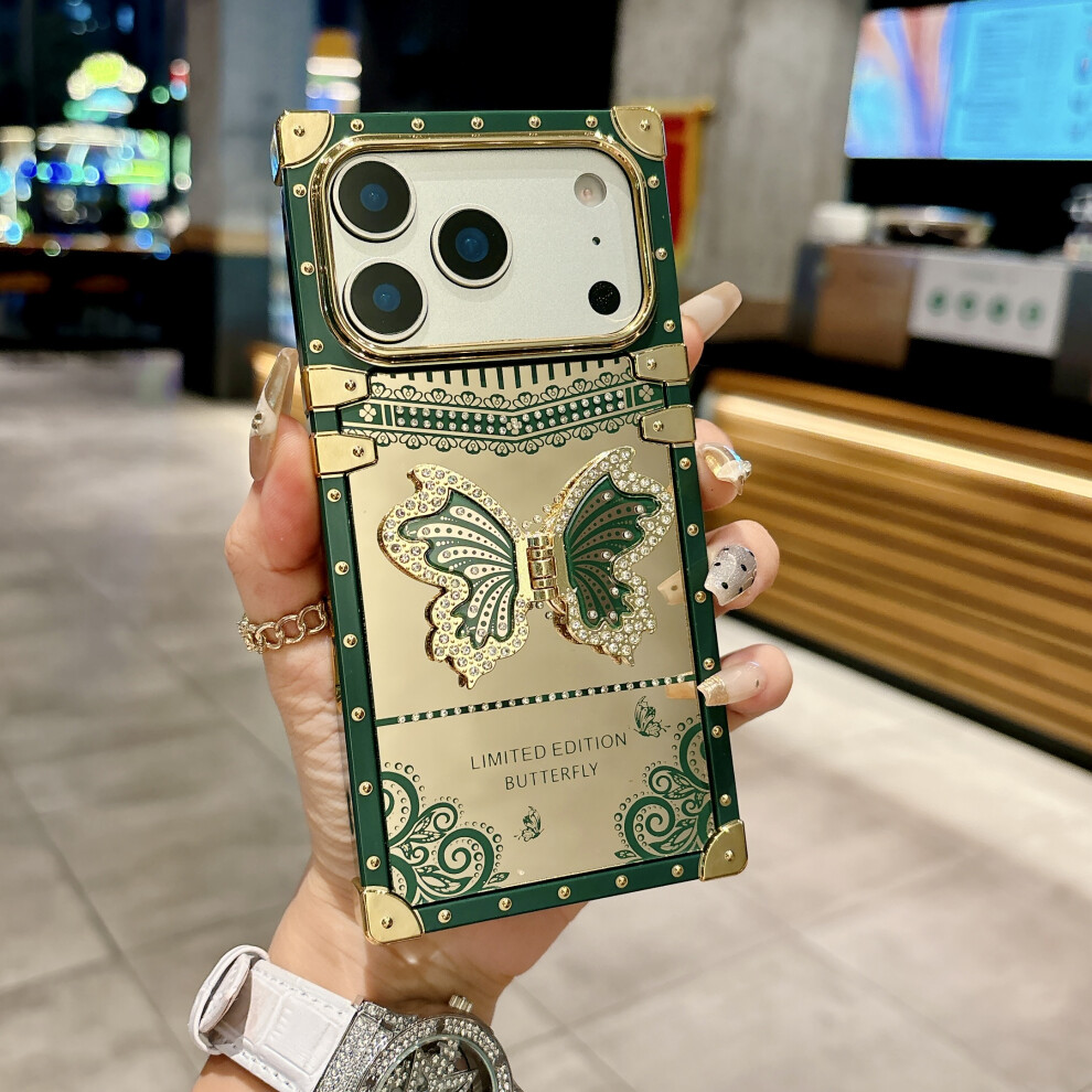 (Blackish ) For Iphone 17 Pro Max Case Electroplated Tpu + Pc Phone Cover With Butterfly Kickstand Green 6914293524485