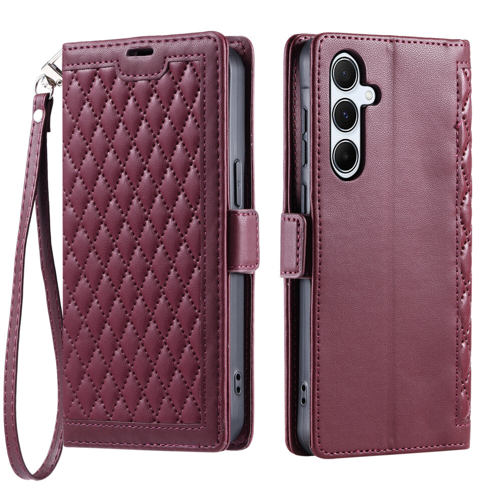 (Wine ) For Samsung Galaxy S26+ Leather Case Rhombus Texture Wallet Stand Phone Cover With Wrist Strap Red 6914295833189