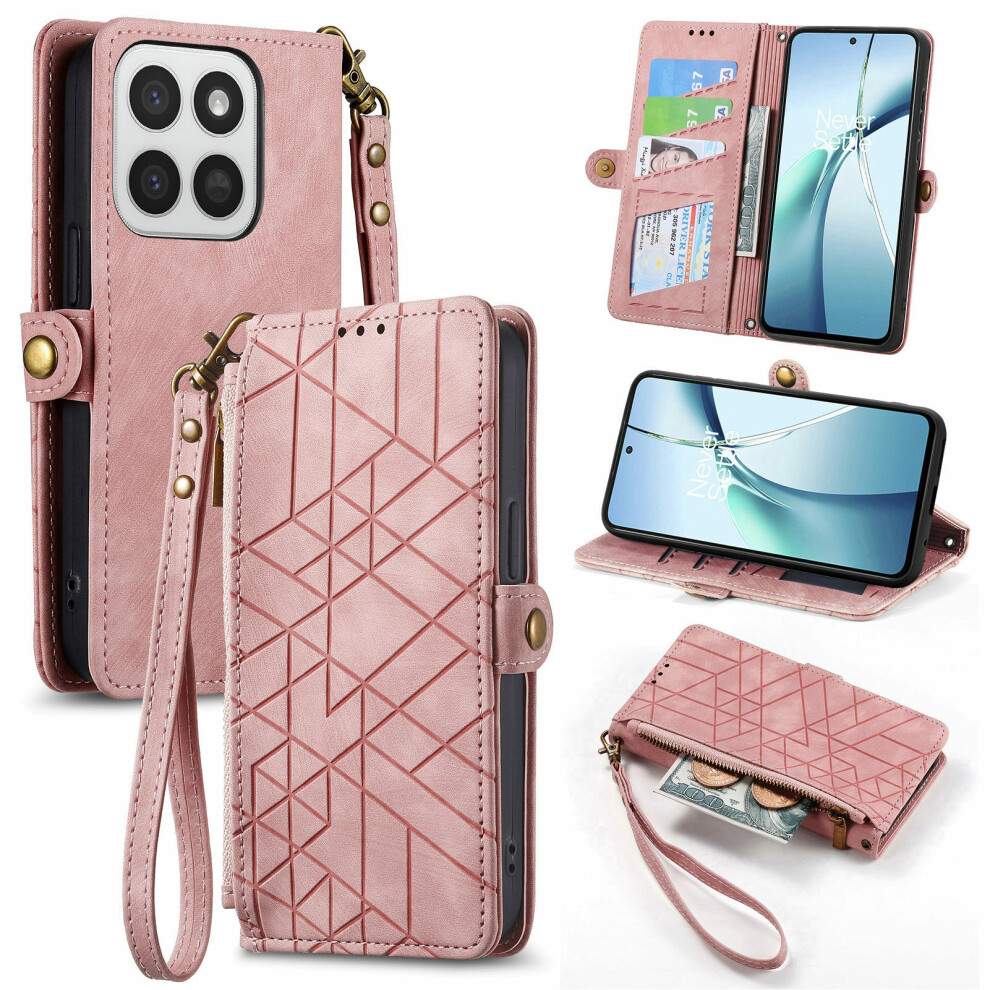 (Pink) Phone Case For Honor 400 Smart 5G / 400 Smart 4G / X7d 4G / X7d 5G Zipper Wallet Geometry Lines Leather Phone Cove Pink 6914290081561