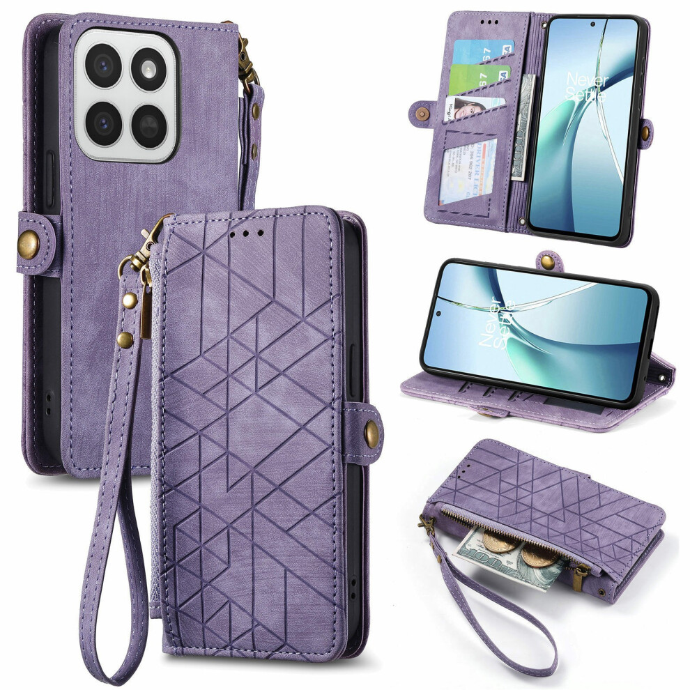 (Purple) Phone Case For Honor 400 Smart 5G / 400 Smart 4G / X7d 4G / X7d 5G Zipper Wallet Geometry Lines Leather Phone Cove Purple 6914292649875
