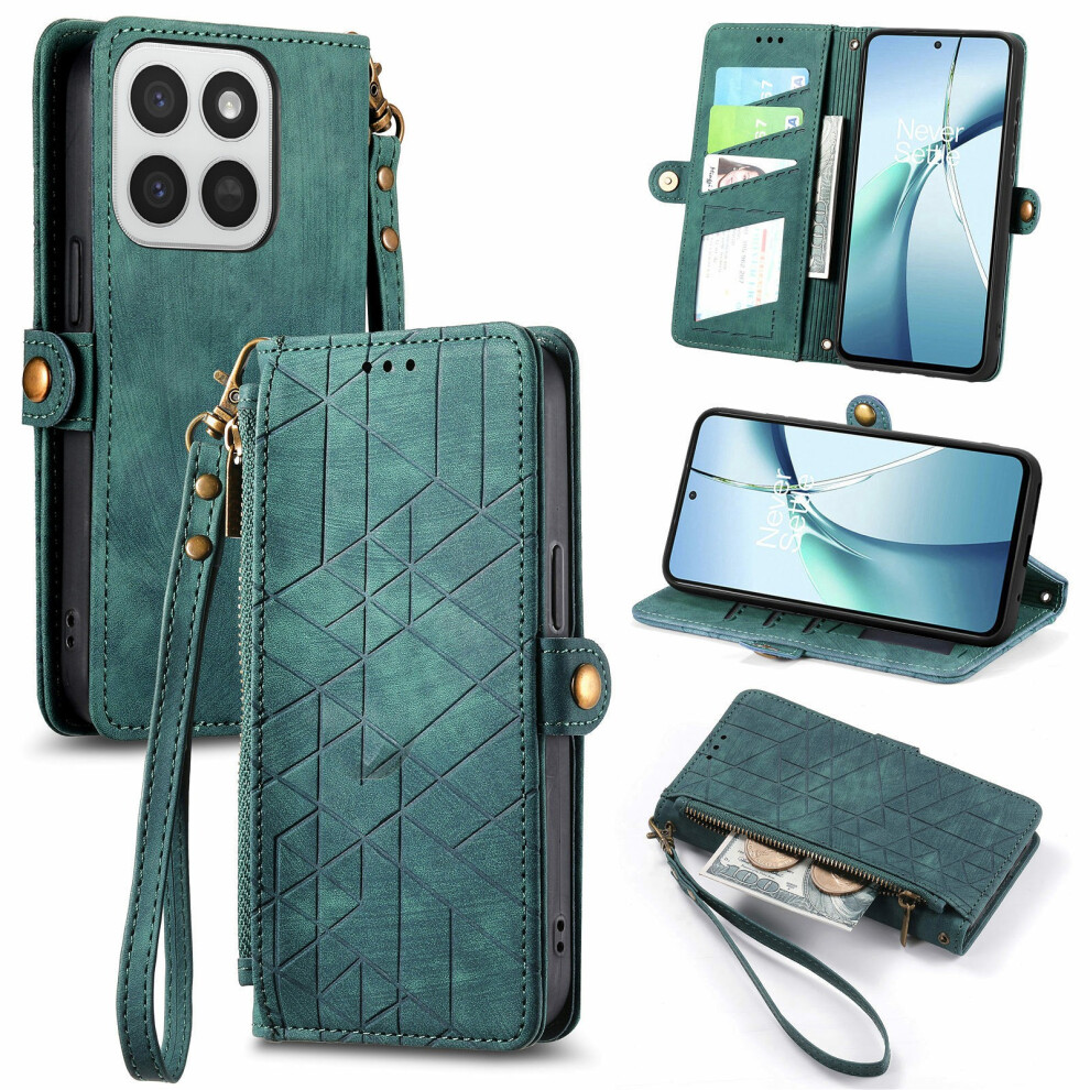 (Green) Phone Case For Honor 400 Smart 5G / 400 Smart 4G / X7d 4G / X7d 5G Zipper Wallet Geometry Lines Leather Phone Cove Green 6914296150063