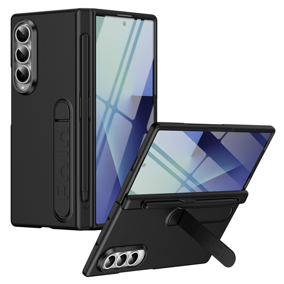 (Black) For Samsung Galaxy Z Fold4 5G Case Kickstand Hard Pc Phone Cover With Tempered Glass Film / Stylus / Pen Slot Black 6914295489010