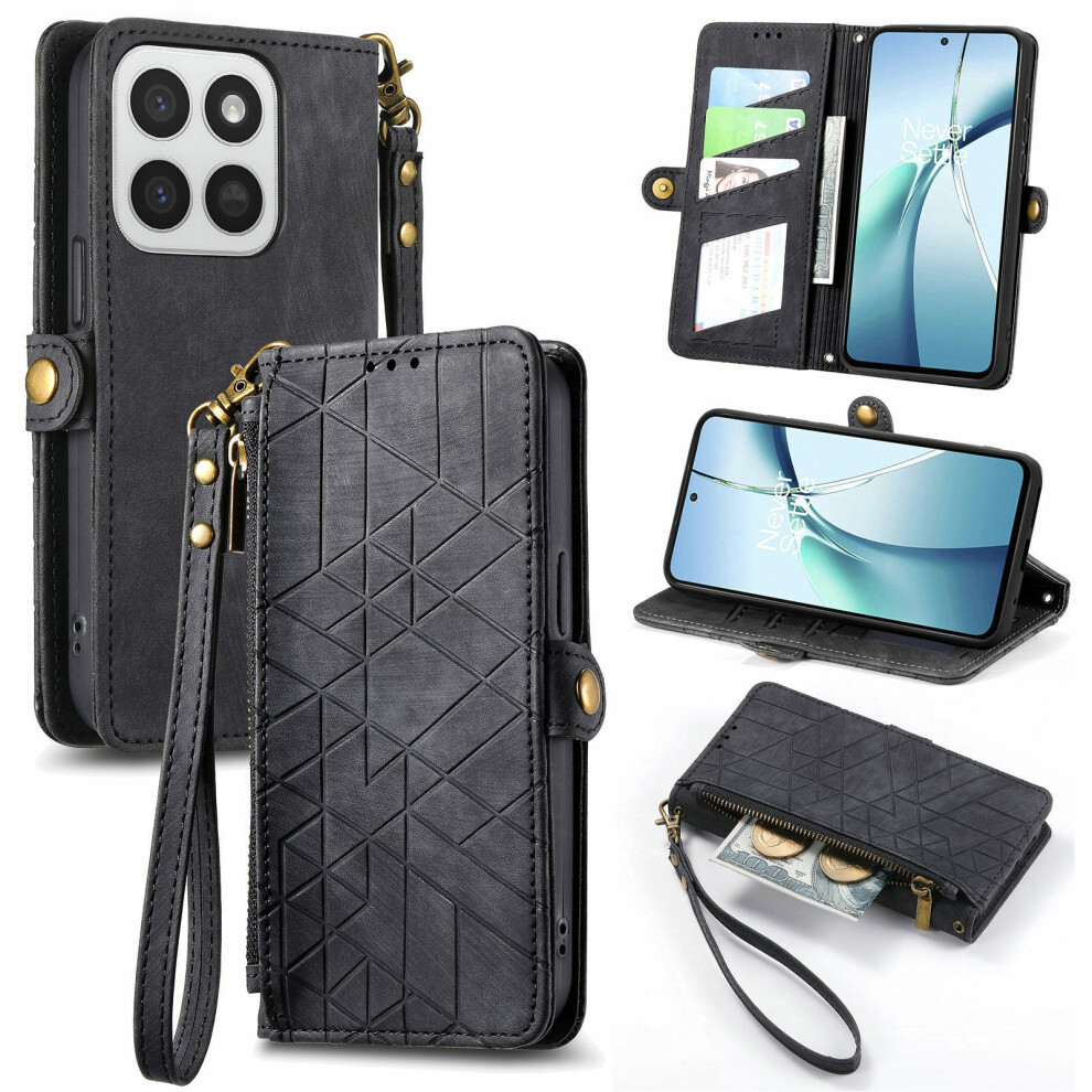 (Black) Phone Case For Honor 400 Smart 5G / 400 Smart 4G / X7d 4G / X7d 5G Zipper Wallet Geometry Lines Leather Phone Cove Black 6914295500289