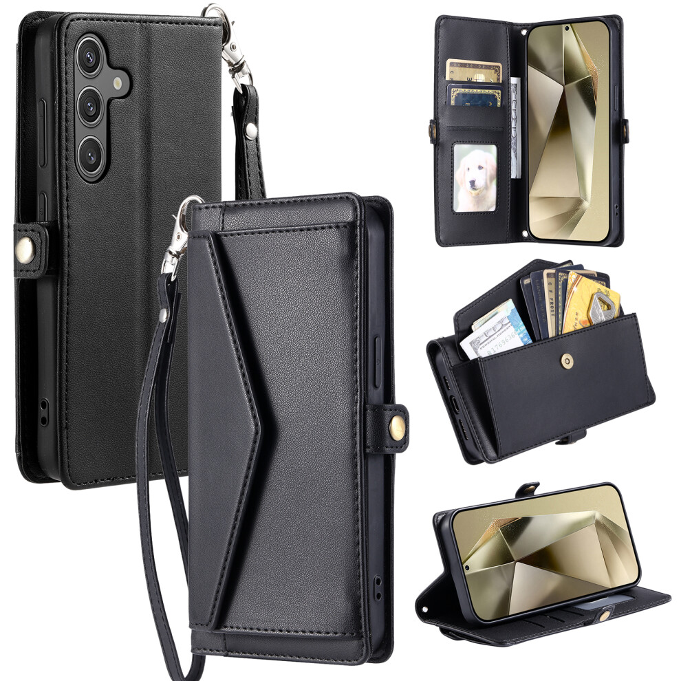 (Black) For Samsung Galaxy A37 5G Leather Case With Wrist Strap Wallet Stand Phone Cover Black 6914299799214