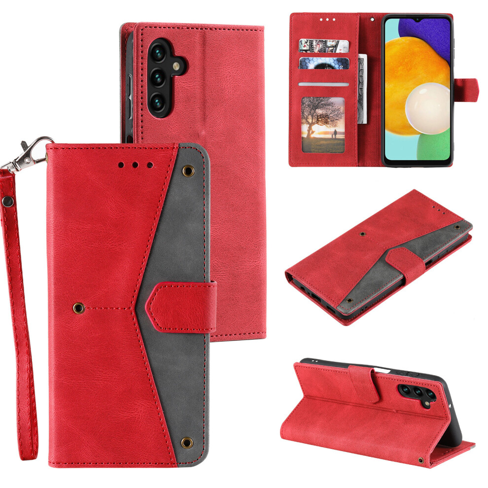 (Red) For Samsung Galaxy A37 5G Leather Case Splicing Stitching Wallet Phone Cover With Wrist Strap Red 6914299873570