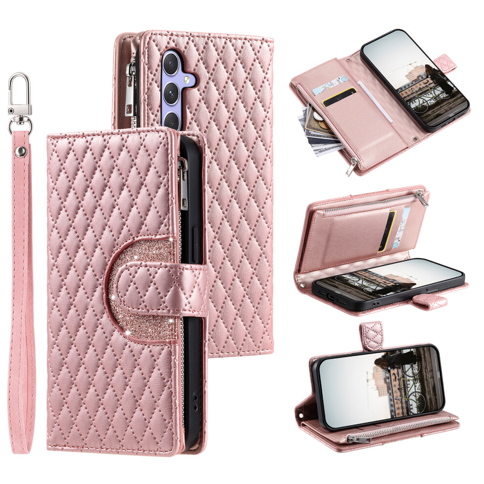 (Rose ) For Samsung Galaxy A37 5G Case Zipper Pocket Glitter Leather Phone Cover With Wrist Strap Gold 6914296572865
