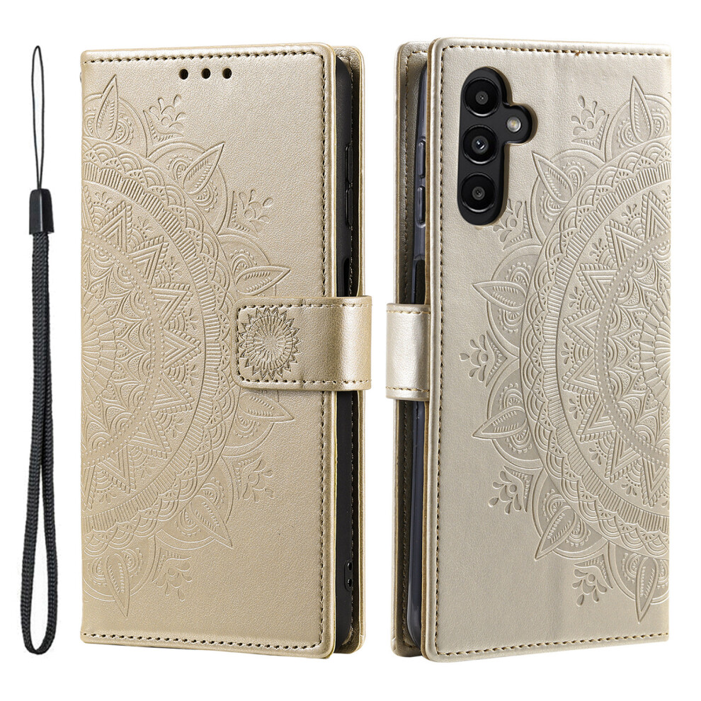 (Gold) For Samsung Galaxy A37 5G Stand Case Imprinted Totem Pu Leather Wallet Phone Cover With Wrist Strap Gold 6914291538101