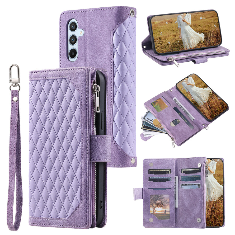 (Purple) For Samsung Galaxy A37 5G Wallet Case Rhombus Stitching Line Pu Leather Phone Cover With Wrist Strap Purple 6914295367264