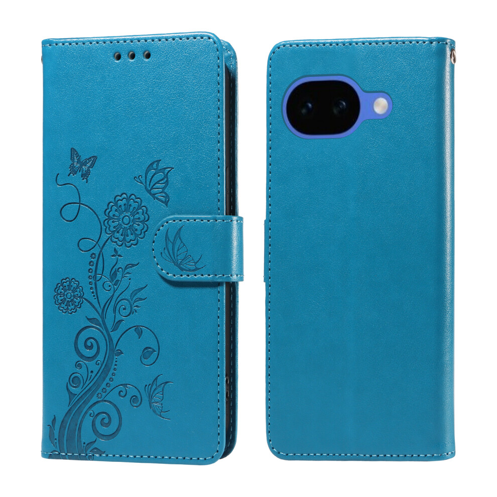 (Blue) For Google Pixel 10A Leather Case Butterfly Floral Imprint Wallet Stand Cover Blue 6914296655148