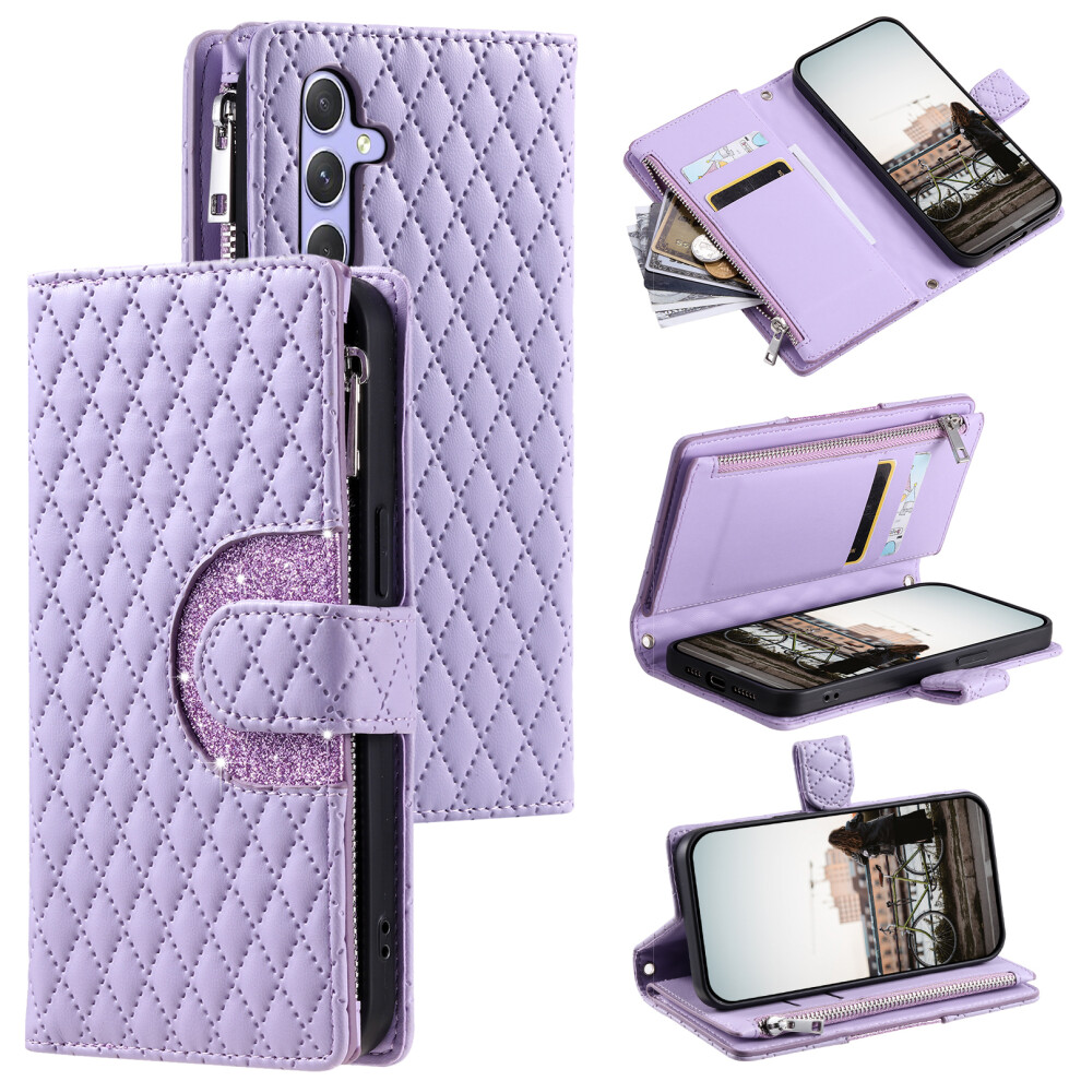 (Purple) For Samsung Galaxy A57 5G Case Zipper Pocket Glitter Leather Phone Cover With Wrist Strap Purple 6914297080680