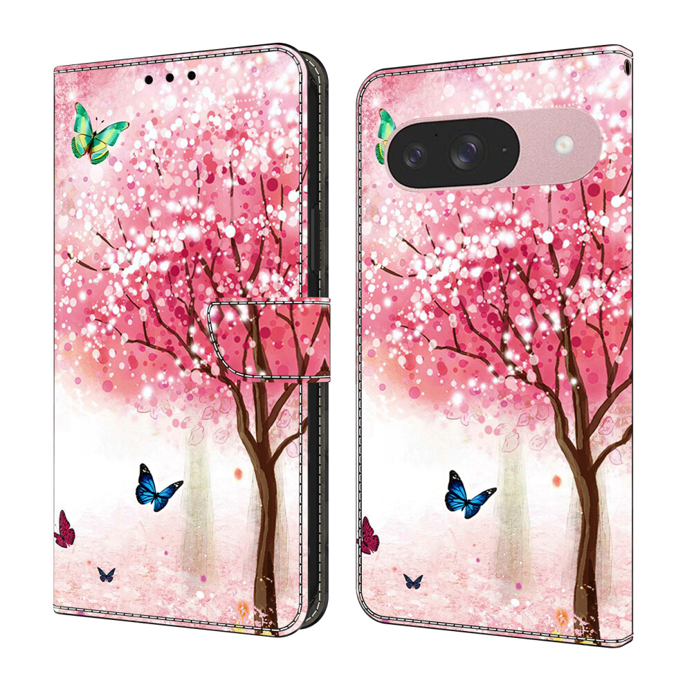 (Cherry Blossom Butterfly) For Google Pixel 9 / 9 Pro Case Foldable Stand Wallet Pattern Printing Pu Leather Flip Phone Cover Red 6914296473476