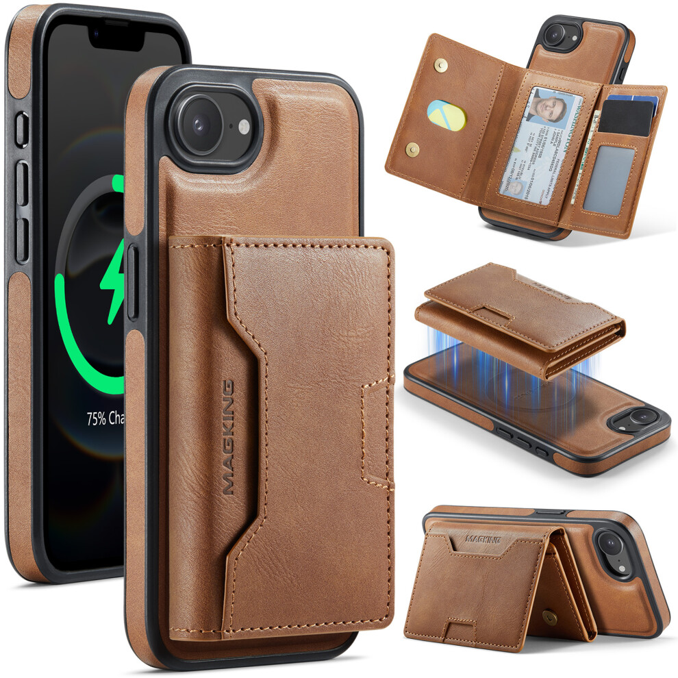 (Brown) Magking K4 Series For Iphone 17E / 16E Case Compatible With Magsafe Detachable Wallet Pu Tpu Pc Phone Cover Brown 6914297611433