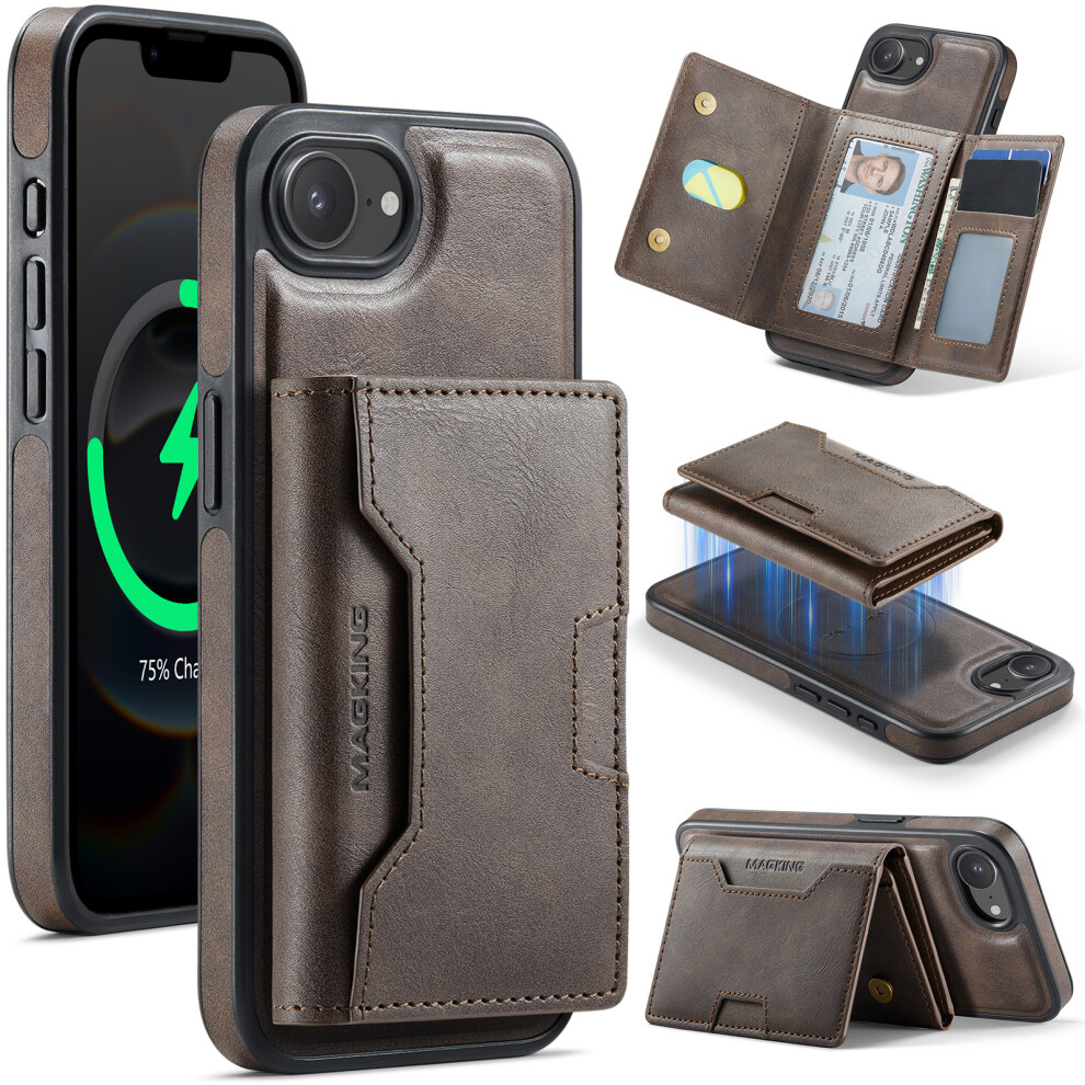 (Coffee) Magking K4 Series For Iphone 17E / 16E Case Compatible With Magsafe Detachable Wallet Pu Tpu Pc Phone Cover Brown 6914291564254
