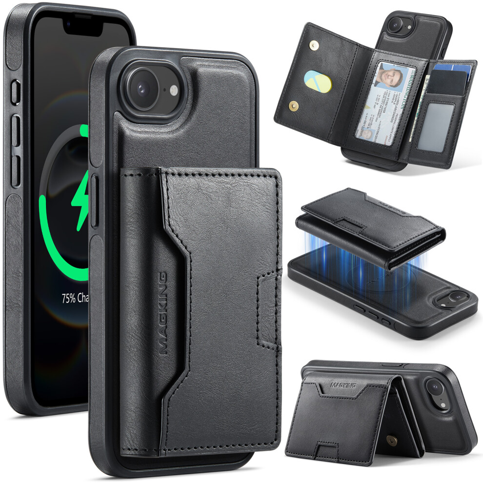 (Black) Magking K4 Series For Iphone 17E / 16E Case Compatible With Magsafe Detachable Wallet Pu Tpu Pc Phone Cover Black 6914290463763