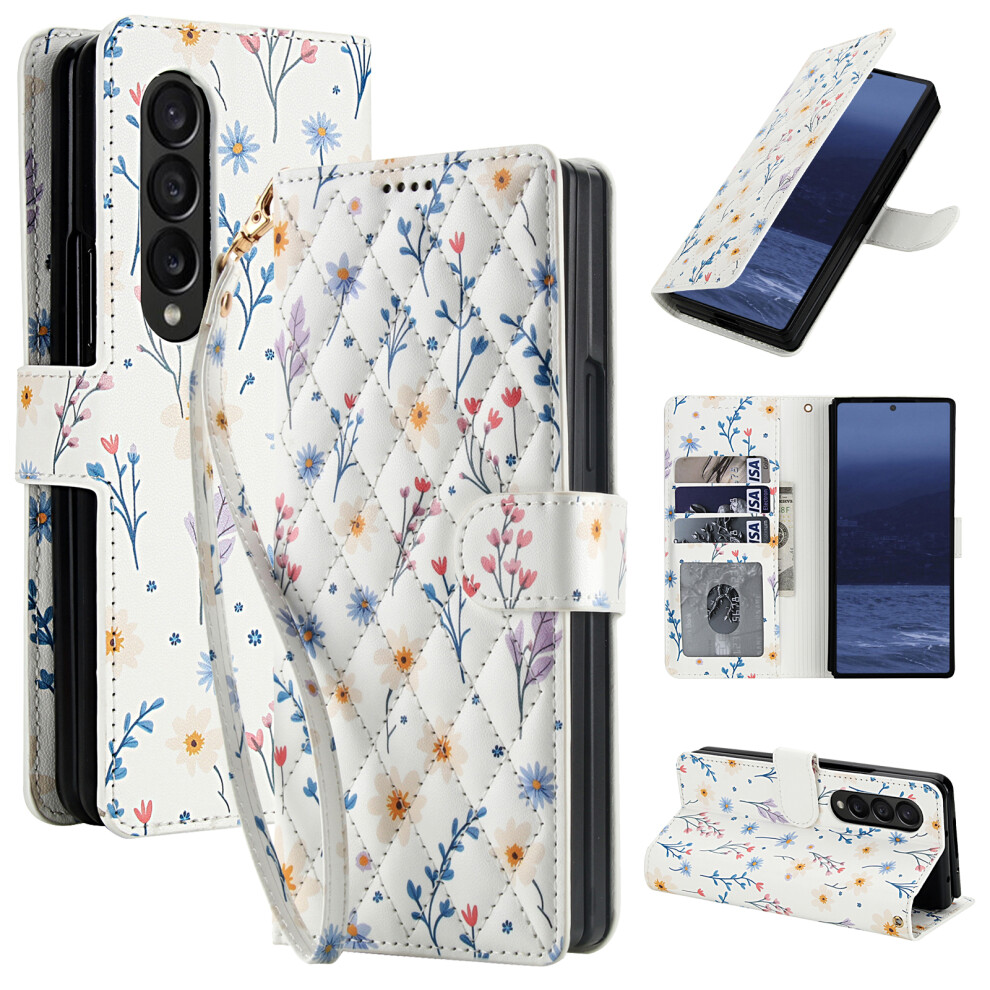 (A2) For Samsung Galaxy Z Fold4 5G Wallet Case Rhombic Floral Design Leather Flip Phone Cover With Strap 6914295847094