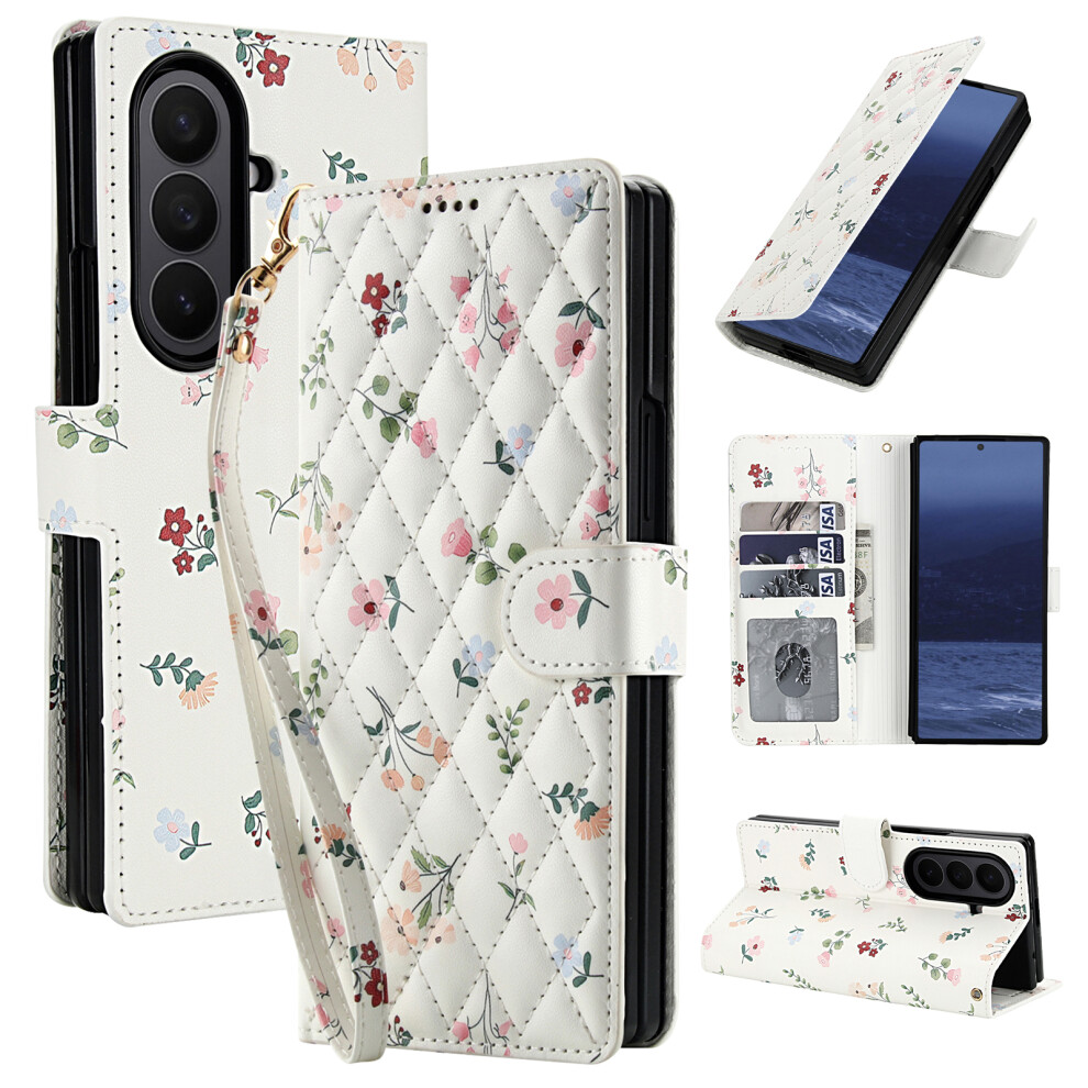 (A1) For Samsung Galaxy Z Fold7 5G Wallet Case Rhombic Floral Design Leather Flip Phone Cover With Strap 6914297030500