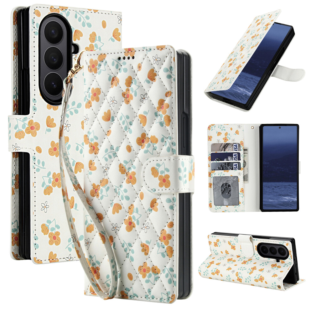 (A3) For Samsung Galaxy Z Fold7 5G Wallet Case Rhombic Floral Design Leather Flip Phone Cover With Strap 6914292112102