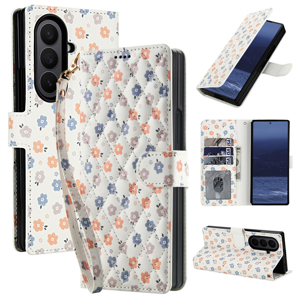 (A4) For Samsung Galaxy Z Fold7 5G Wallet Case Rhombic Floral Design Leather Flip Phone Cover With Strap 6914290274024