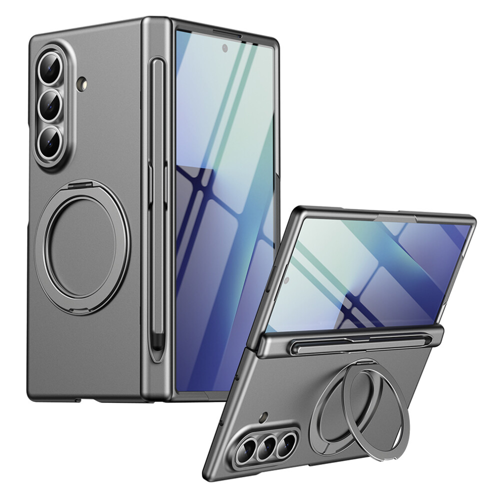(Grey) For Samsung Galaxy Z Fold7 5G Rotary Kickstand Pc Phone Cover With Tempered Glass Film / Stylus Grey 6914294637863