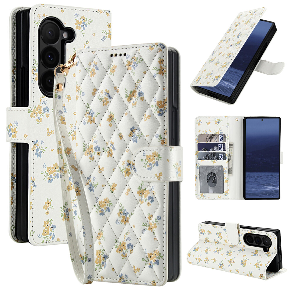 (A5) For Samsung Galaxy Z Fold6 5G Wallet Case Rhombic Floral Design Leather Flip Phone Cover With Strap 6914296785234