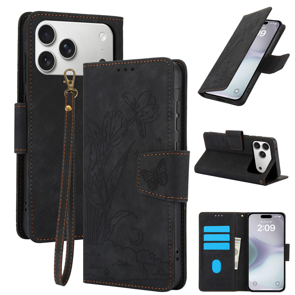 (Black) Sy-001 For Iphone 17 Pro Max Case Flower Butterfly Leather Wallet Phone Cover With Hand Strap Black 6914294716971