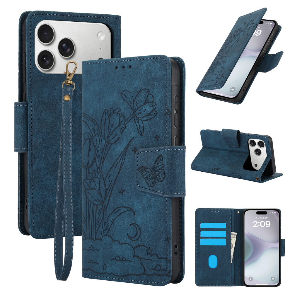 (Blue) Sy-001 For Iphone 17 Pro Max Case Flower Butterfly Leather Wallet Phone Cover With Hand Strap Blue 6914295458801