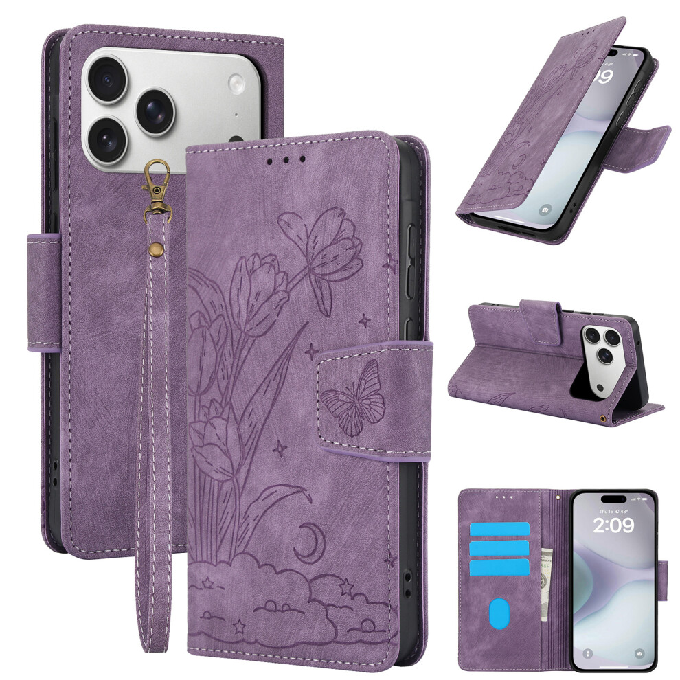 (Purple) Sy-001 For Iphone 17 Pro Max Case Flower Butterfly Leather Wallet Phone Cover With Hand Strap Purple 6914292382789