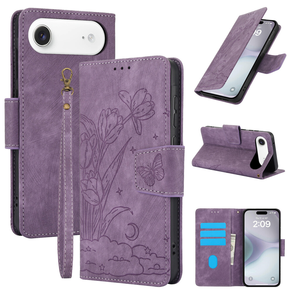 (Purple) Sy-001 For Iphone Air Case Flower Butterfly Leather Wallet Phone Cover With Hand Strap Purple 6914293711694